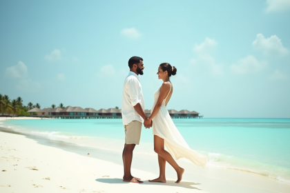 Jeune couple marié sur la plage de sable blanc en vacances
