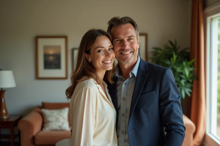 Couple marié posant ensemble dans un salon élégant, évoquant l'évolution de leur relation depuis leur mariage
