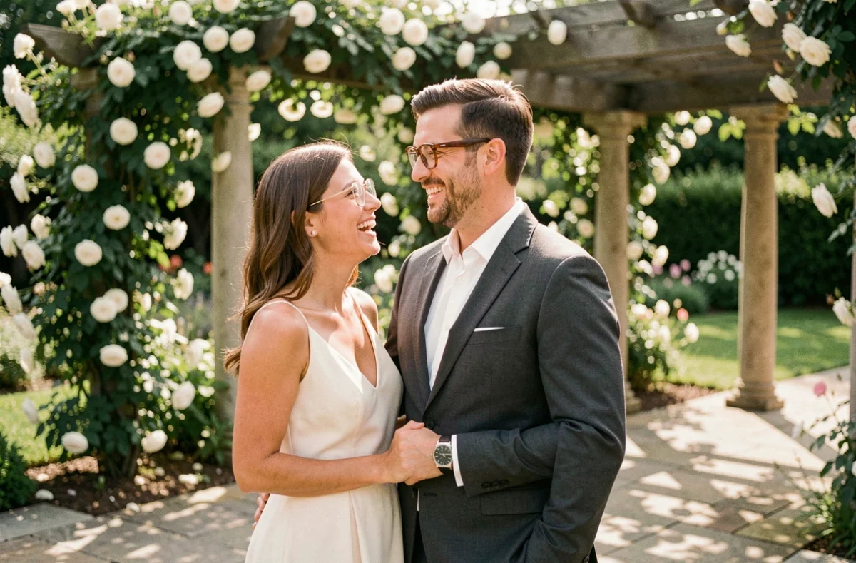 Couple de mariés portant des lunettes élégantes dans un jardin fleuri lors d'une cérémonie de mariage