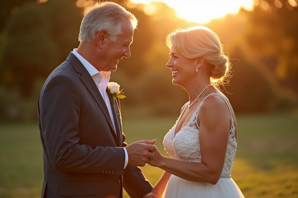 Couple mature souriant lors d'une célébration en plein air