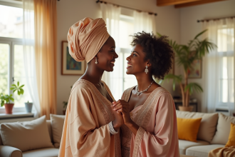 Couple multiculturel marié souriant dans un salon lumineux