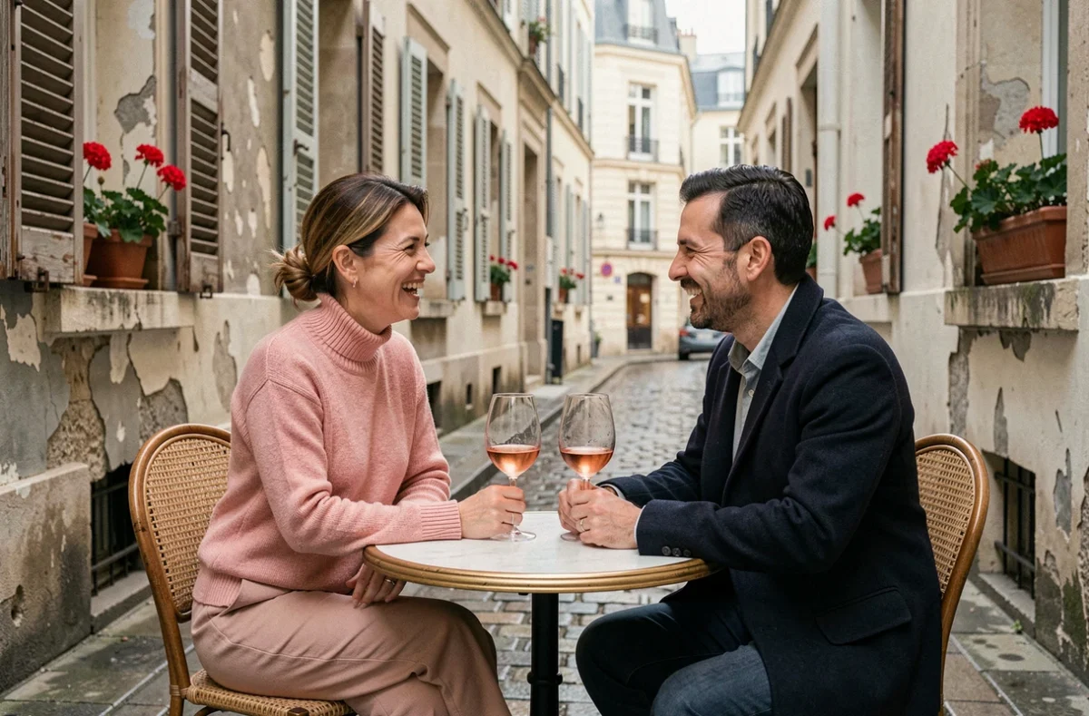 Couple célébrant leurs noces de rose autour d'un verre de rosé dans une ruelle parisienne lors d'un voyage anniversaire de mariage