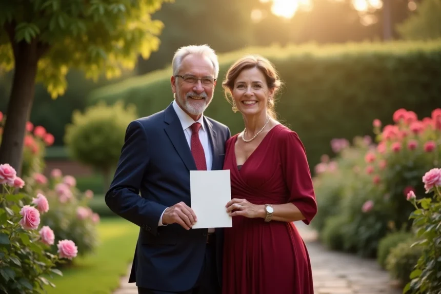 Couple célébrant leurs 35 ans de mariage dans un jardin fleuri en tenant une invitation pour les noces de rubis
