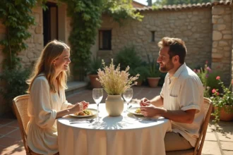 Couple élégant fêtant leurs deux mois de mariage autour d'un repas raffiné sur une terrasse en pierre ensoleillée