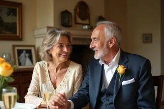 Couple de personnes âgées célébrant leurs noces d'or autour d'une table décorée de roses dorées et d'une photo de mariage vintage, dans une salle à manger rustique française