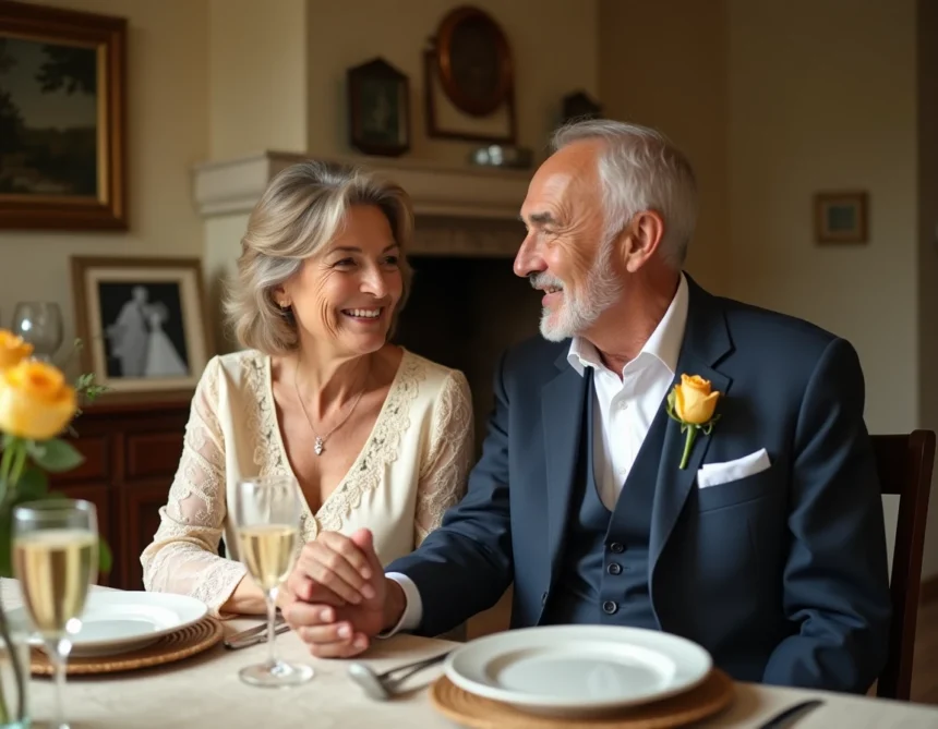 Couple de personnes âgées célébrant leurs noces d'or autour d'une table décorée de roses dorées et d'une photo de mariage vintage, dans une salle à manger rustique française