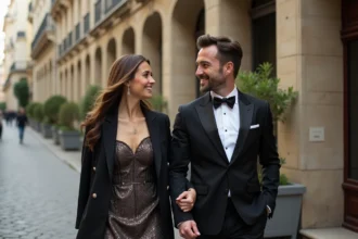 Couple élégant marchant dans Paris romantique