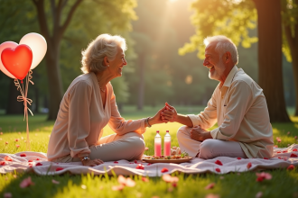 Couple mature riant lors d un pique nique romantique dans un parc