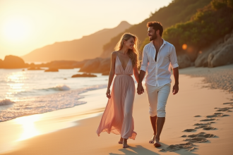 Jeune couple romantique marche sur la plage au coucher de soleil
