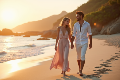 Jeune couple romantique marche sur la plage au coucher de soleil