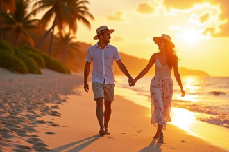 Couple heureux marchant sur la plage tropicale au coucher de soleil