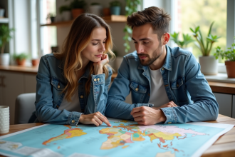 Jeune couple regardant une carte du monde dans la cuisine