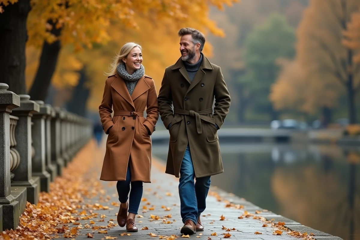 Couple se promenant au bord d'une rivière en automne, capturant la complicité et l'évolution de leur vie commune