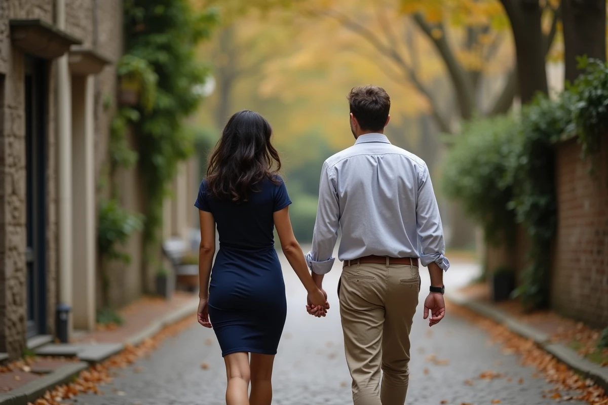 Couple discret se promenant main dans la main sur une rue pavée en France, illustration d'une vie de couple épanouie loin des médias