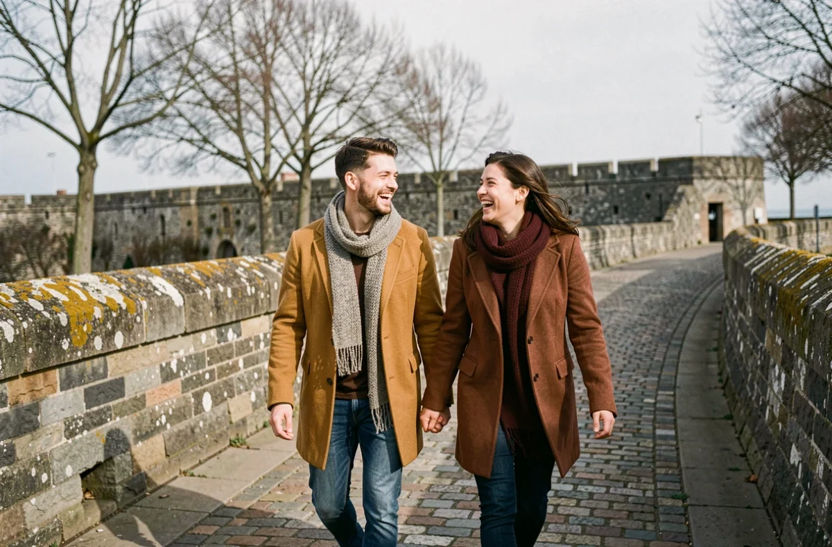 Couple photographié en train de rire sur les remparts de la vieille ville de Boulogne-sur-Mer en automne