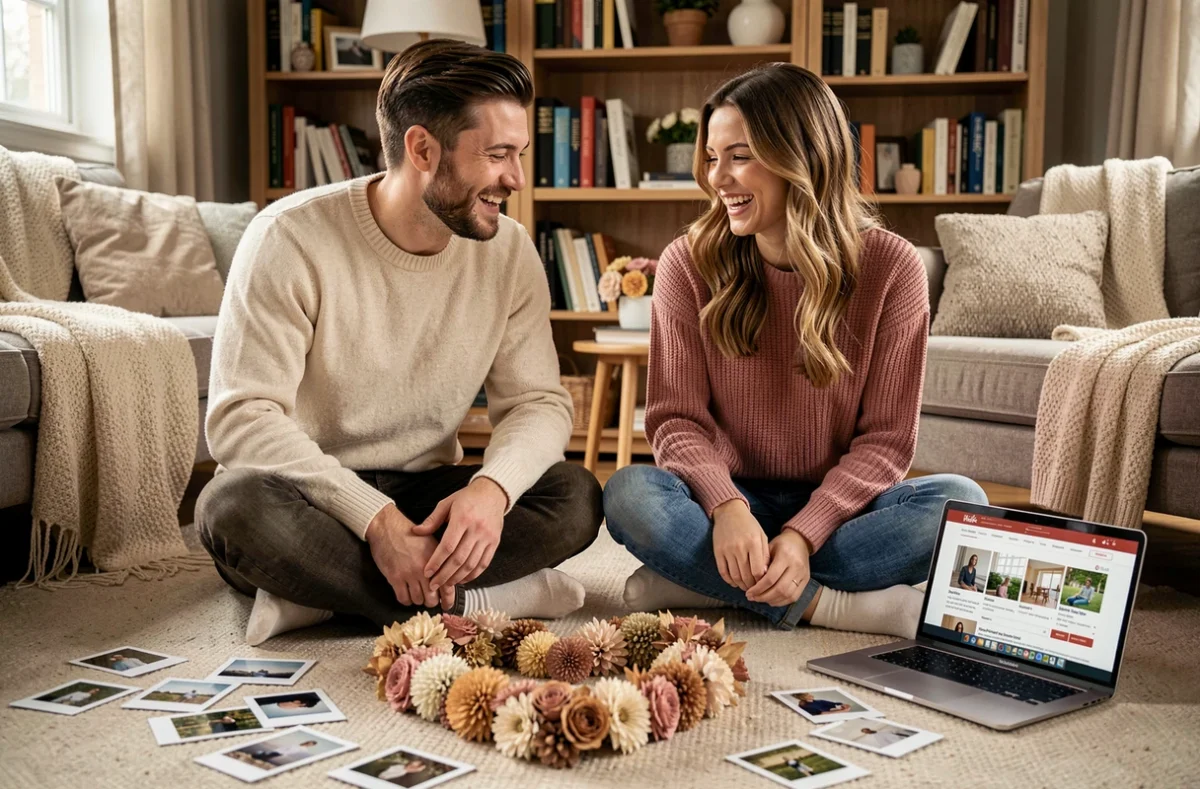 Couple décontracté qui réserve un photographe en ligne depuis chez eux pour célébrer la Saint-Valentin