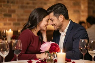 Couple élégant partageant un moment romantique dans un restaurant pour la Saint-Valentin, photographié par un professionnel
