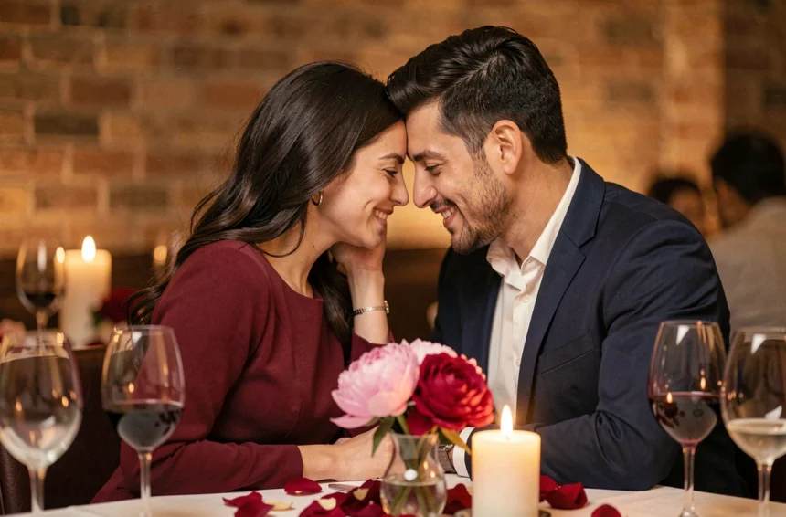 Couple élégant partageant un moment romantique dans un restaurant pour la Saint-Valentin, photographié par un professionnel