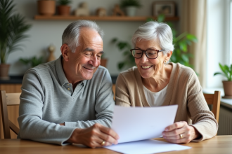Couple senior souriant avec documents de retraite