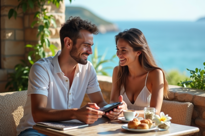 Jeune couple souriant au café face à la mer en vacances