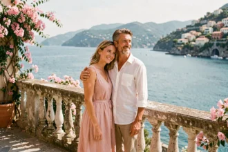 Couple fêtant 17 ans de mariage sur une terrasse en pierre avec vue sur la mer Méditerranée lors d'un voyage romantique