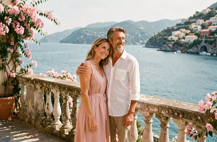 Couple fêtant 17 ans de mariage sur une terrasse en pierre avec vue sur la mer Méditerranée lors d'un voyage romantique