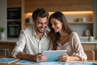 Jeune couple souriant planifiant voyage dans la cuisine