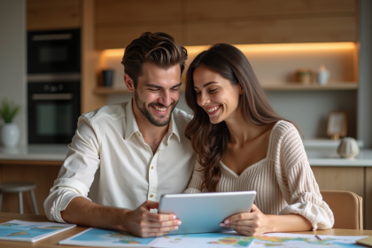 Jeune couple souriant planifiant voyage dans la cuisine