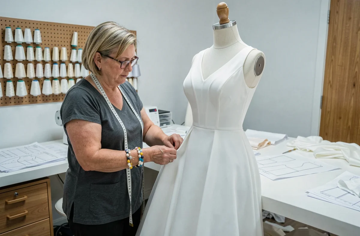 Couturière professionnelle ajustant une robe de mariée sur mesure dans son atelier de couture