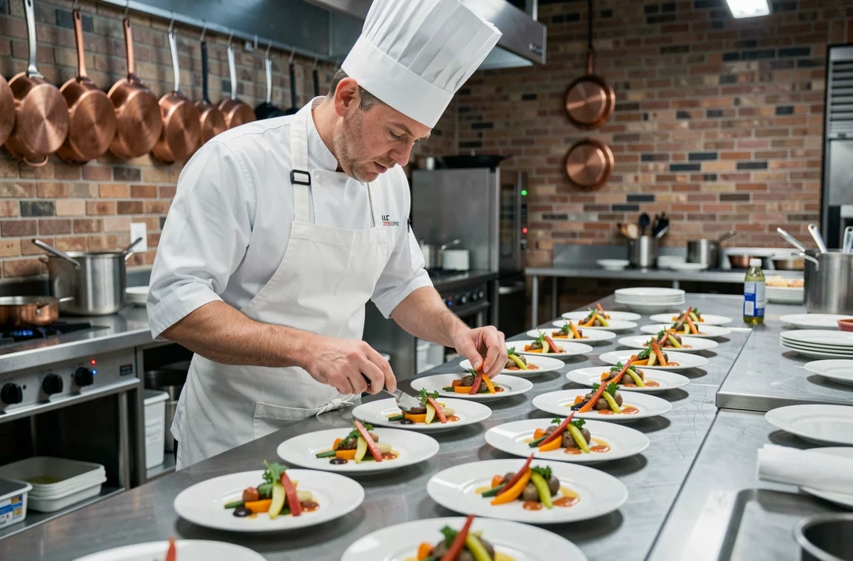 Chef de Cuisin'Studio en tablier blanc dressant des entrées de mariage raffinées sur des assiettes en porcelaine dans une cuisine moderne