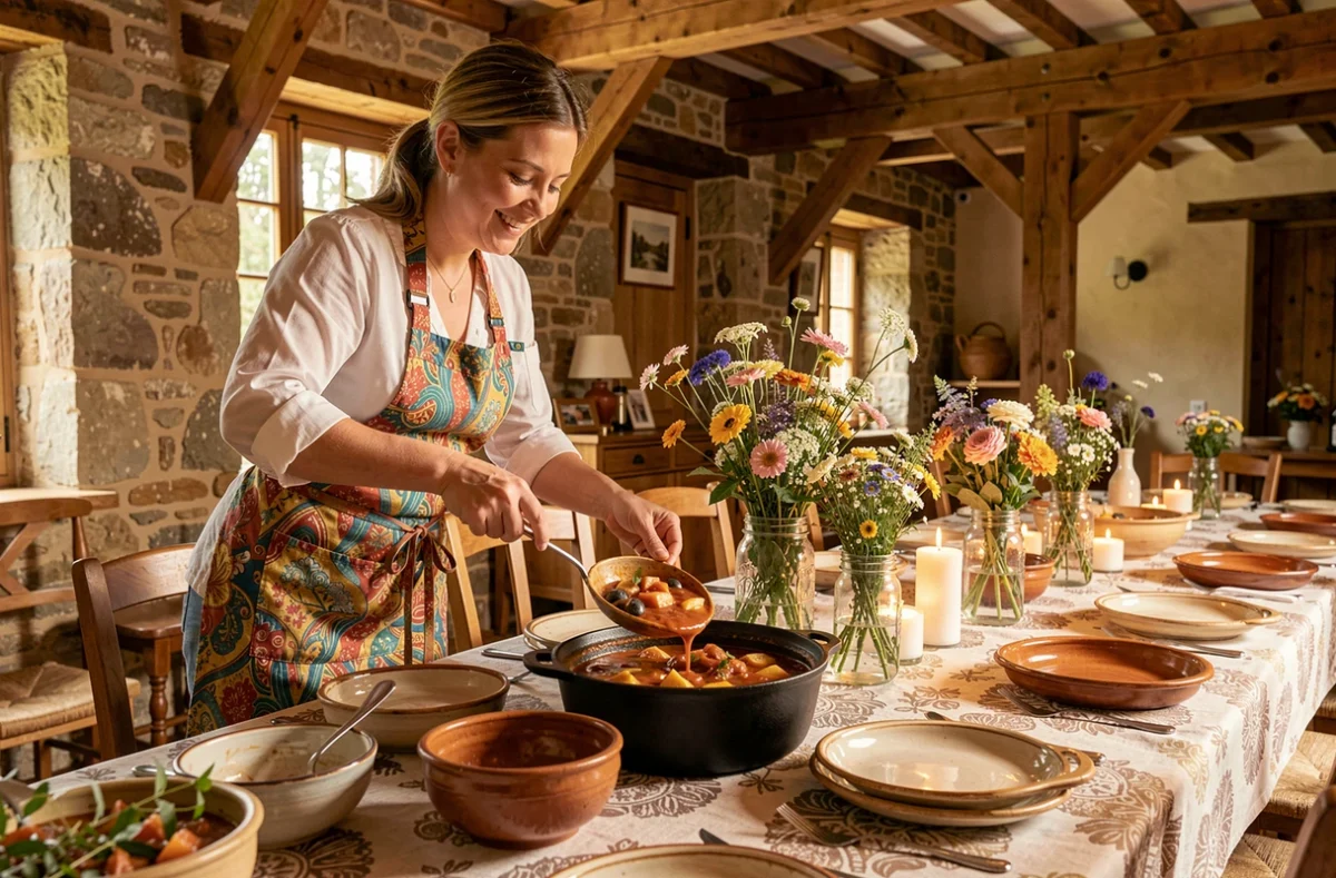 Cheffe de La Cuisine de Mayi en tablier coloré servant un ragoût traditionnel dans des bols en céramique sur une table familiale décorée de fleurs des champs