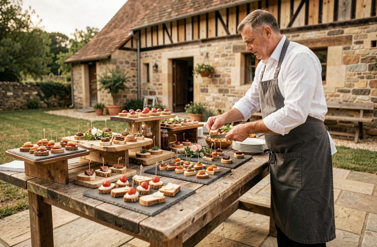 Table de cocktail mariage dressée par Culin'Arts Evenementiel avec des canapés artisanaux sur des planches en ardoise dans un cadre lorrain rustique