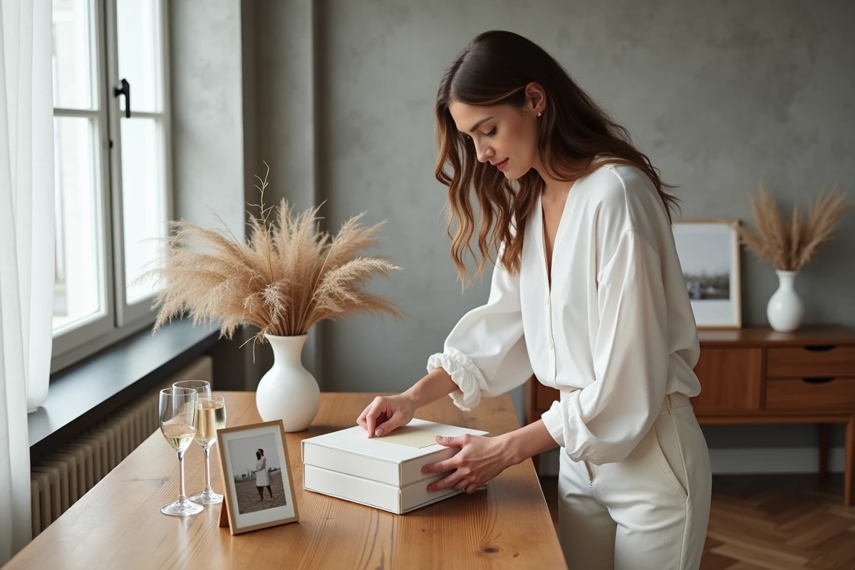 Femme préparant une table décorée avec soin pour célébrer deux mois de mariage dans un appartement moderne et épuré