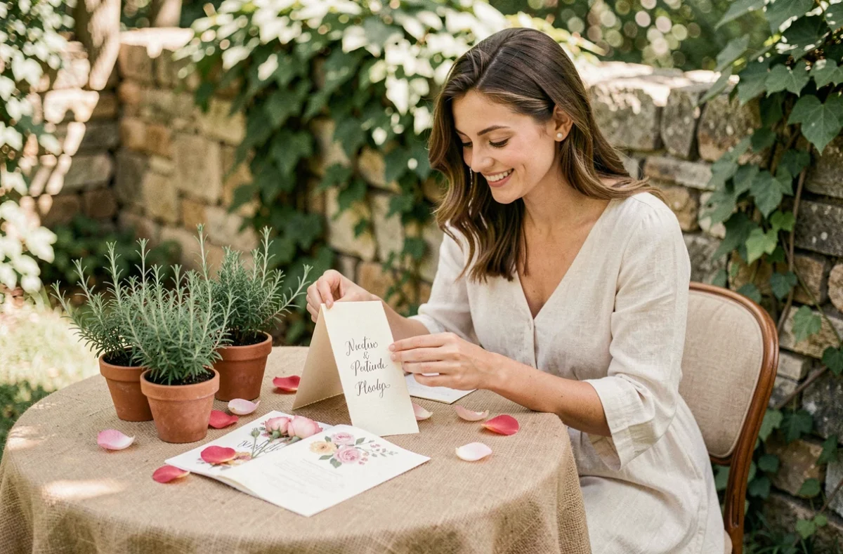 Femme admirant une table de mariage champêtre décorée avec cartons de place écrits à la main, herbes en pot et menus fleuris en extérieur