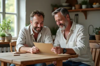 Deux hommes assis à une table de cuisine rustique lisant une lettre