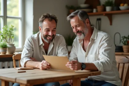 Deux hommes assis à une table de cuisine rustique lisant une lettre