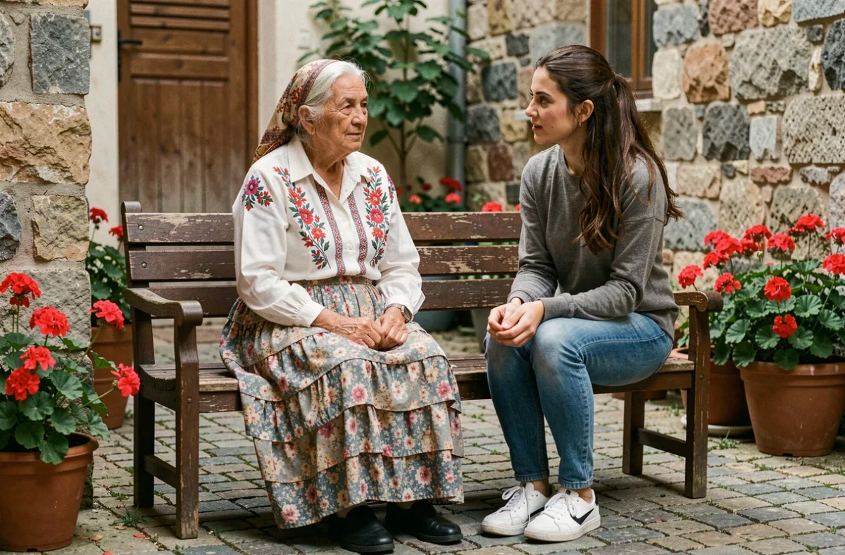 Femme gitane âgée et jeune femme en conversation dans une cour intérieure, illustrant le dialogue intergénérationnel sur les traditions et la modernité dans la culture rom