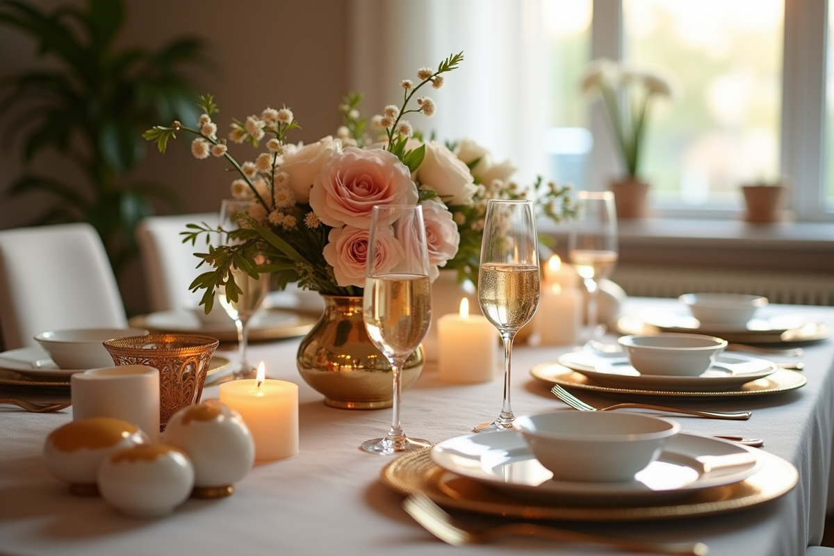 Table de dîner élégante pour anniversaire avec vaisselle or et blanc