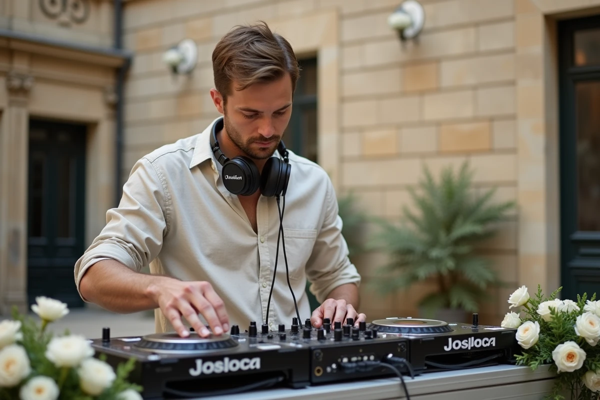 DJ professionnel installé dans la cour d'une mairie pour animer la sortie d'un mariage civil