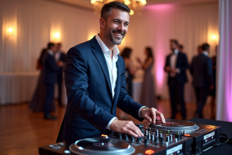 DJ en costume ajusté lors d'un mariage élégant