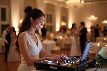 Jeune DJ femme en jumpsuit lors d'un mariage élégant