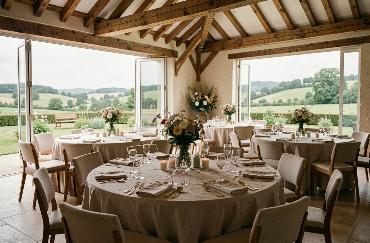 Salle de réception du Domaine Éclaircie décorée pour un mariage avec vue sur jardin et tables rondes élégantes