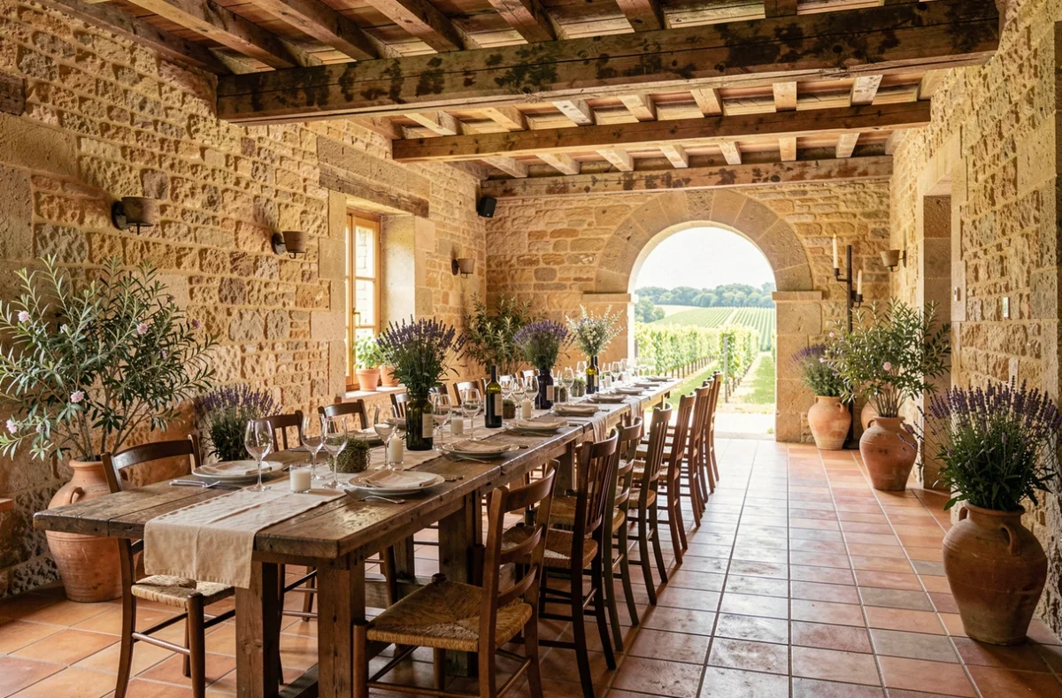 Table de banquet de mariage dans la salle en pierre du Domaine Les Hauts Grès avec vue sur le vignoble