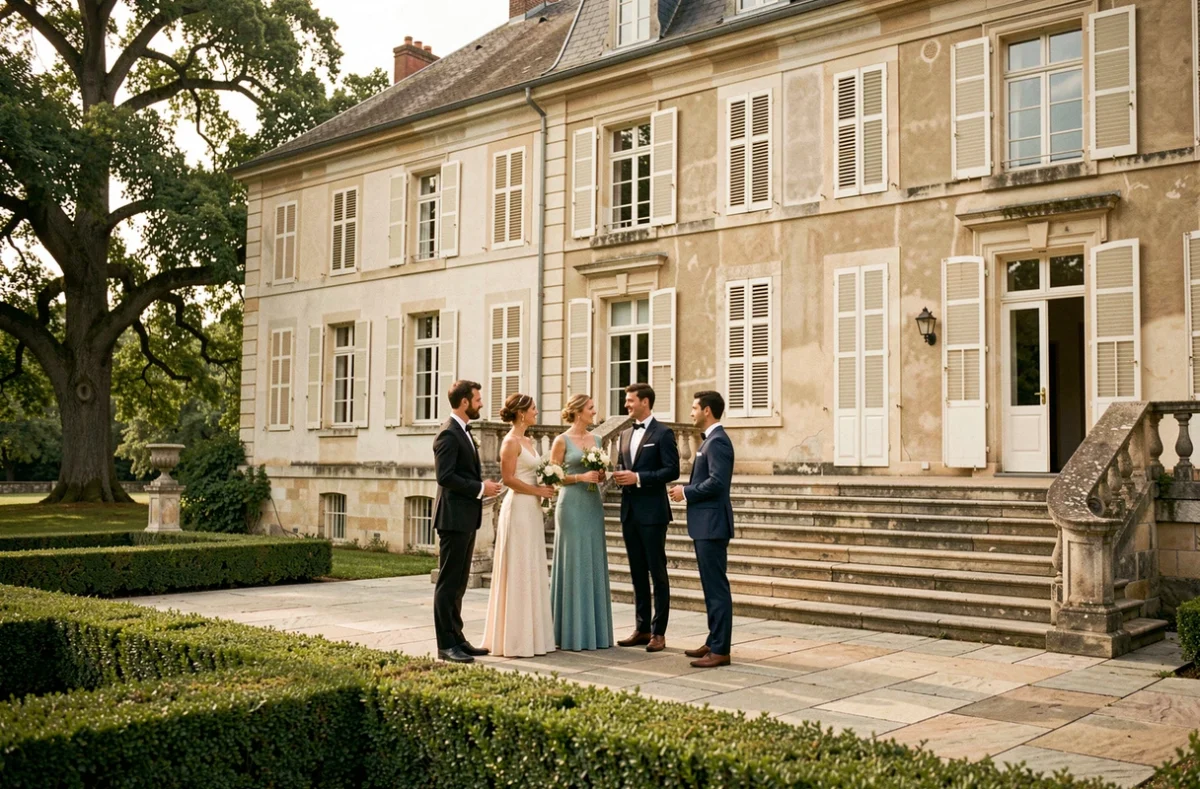 Façade du Domaine de Saint-Maurice avec invités de mariage sur la terrasse en pierre