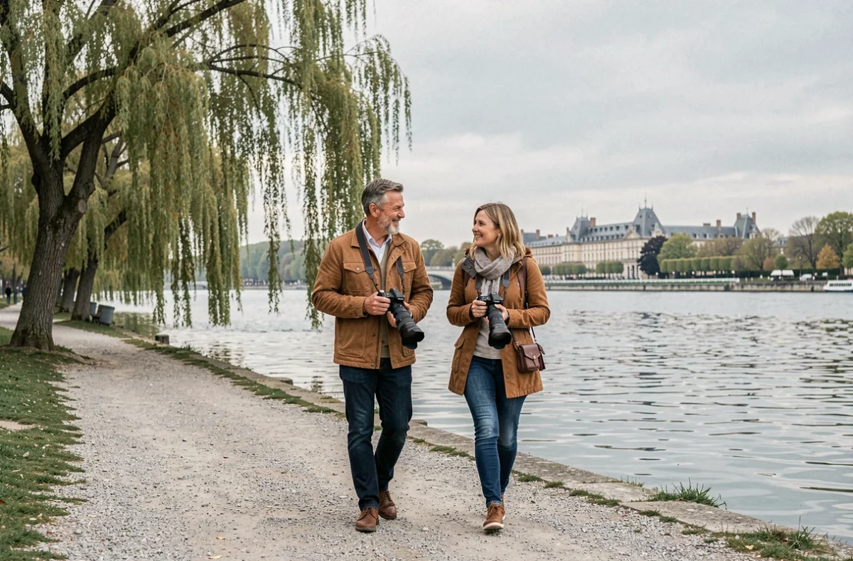 Duo de photographes professionnels se promenant au bord de la Seine à Maisons-Laffitte