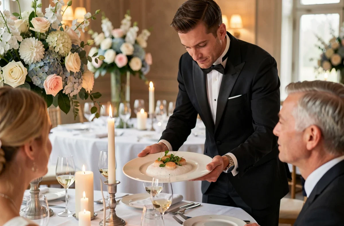 Chef de L'Épicurien Reims présentant une assiette gastronomique de Saint-Jacques et mousse de champagne à un couple lors d'un dîner de mariage élégant