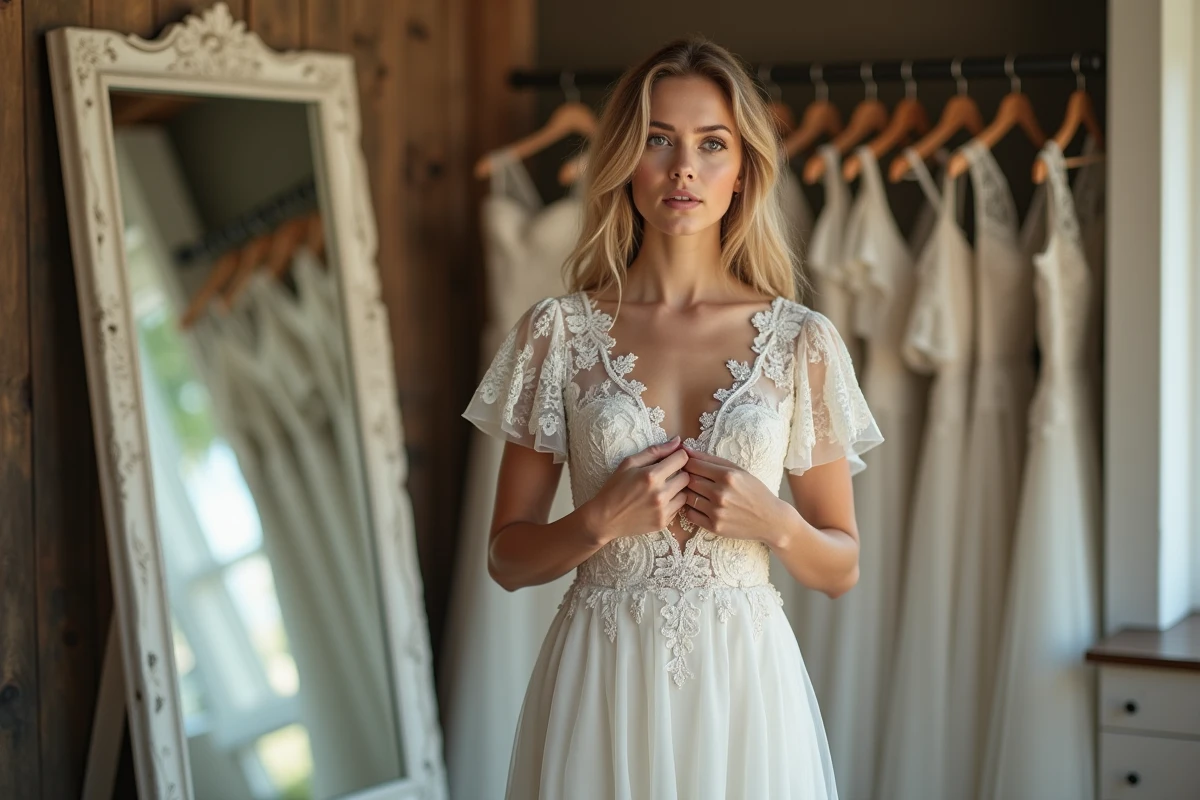 Mariée essayant une robe champêtre dans une boutique rustique et vérifiant l'ajustement avant l'achat