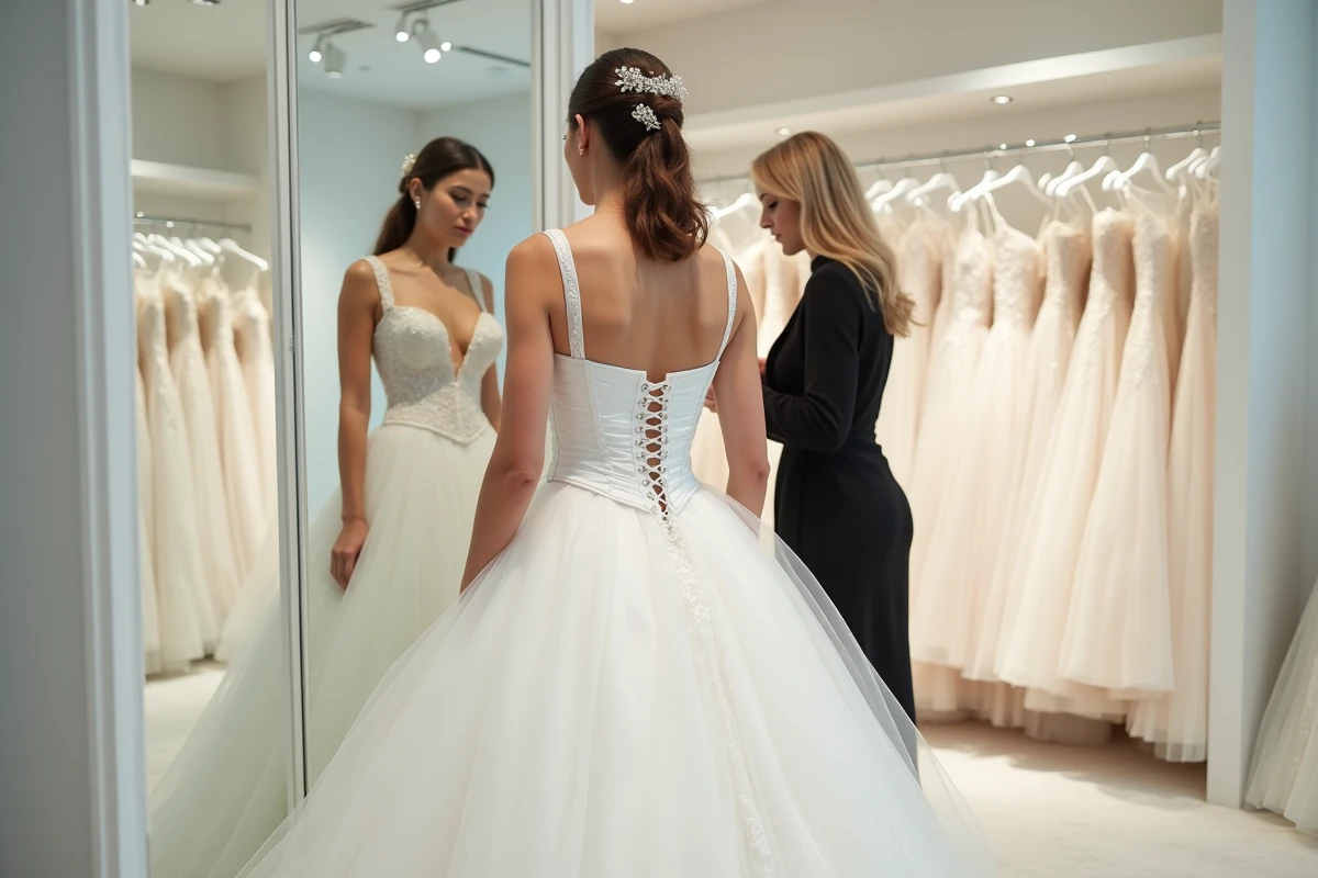 Essayage d'une robe de mariée princesse prêt-à-porter dans une boutique moderne avec une consultante