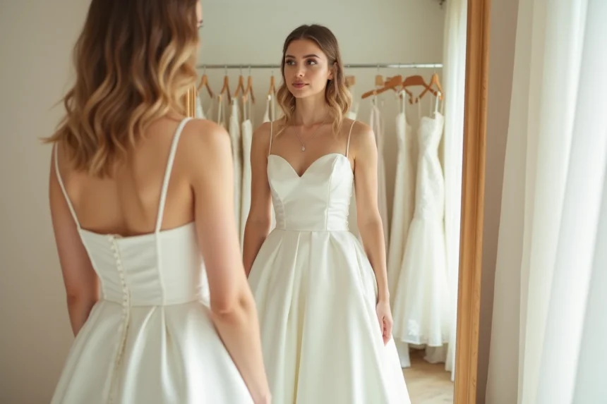 Mariée essayant une robe de mariée blanche en satin devant un miroir en boutique, examinant les erreurs de coupe et d'ajustement