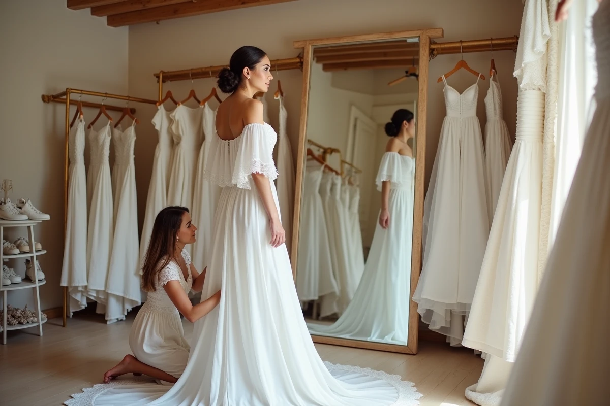 Essayage d'une robe de mariée bohème fluide en boutique avec une styliste ajustant l'ourlet